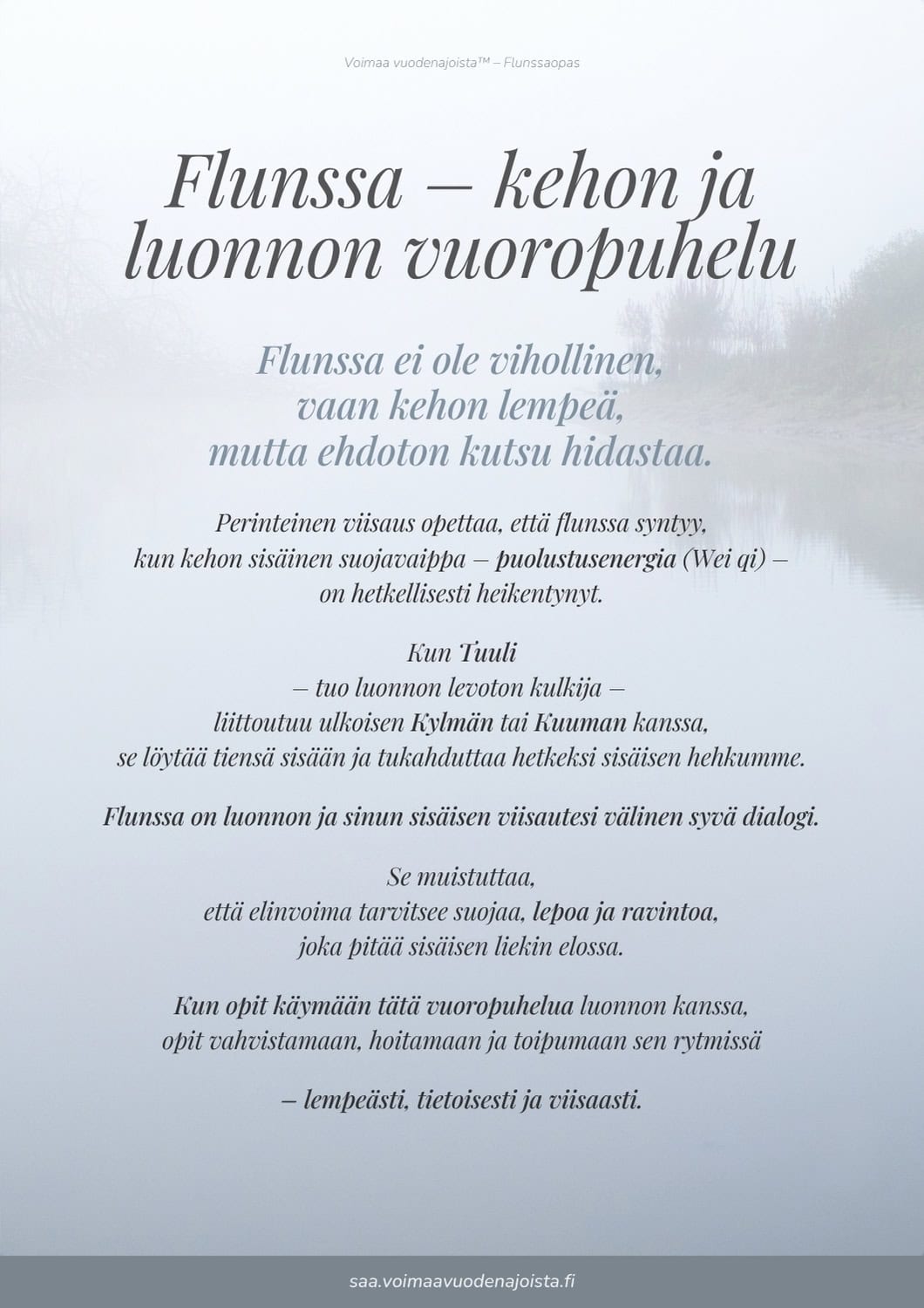 Flunssaoppaan esimerkkisivu otsikolla Flunssa – kehon ja luonnon vuoropuhelu.