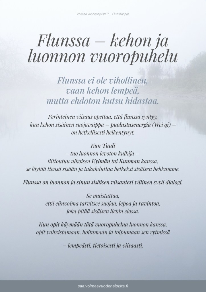 Sumuinen jokimaisema symboloi luonnon ja kehon välistä vuoropuhelua. Kuvitus Voimaa vuodenajoista™ Flunssaoppaasta.
