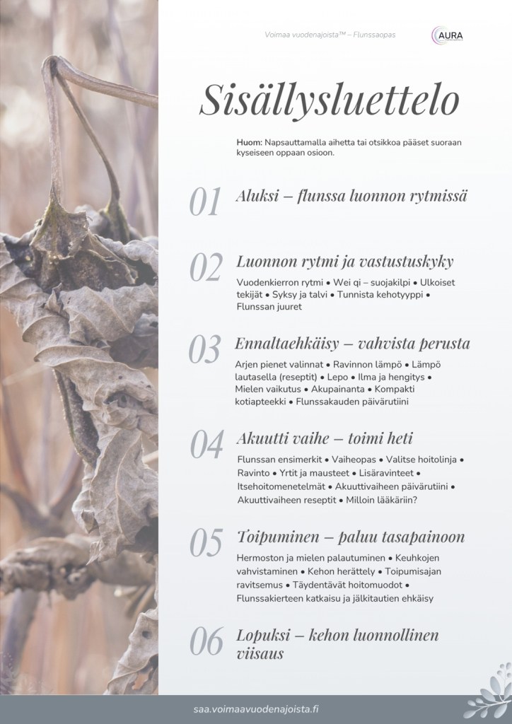 Luonnon inspiroima sisällysluettelo Flunssaoppaasta, jossa esitellään opas flunssan ehkäisyyn, hoitoon ja toipumiseen luonnollisin keinoin.