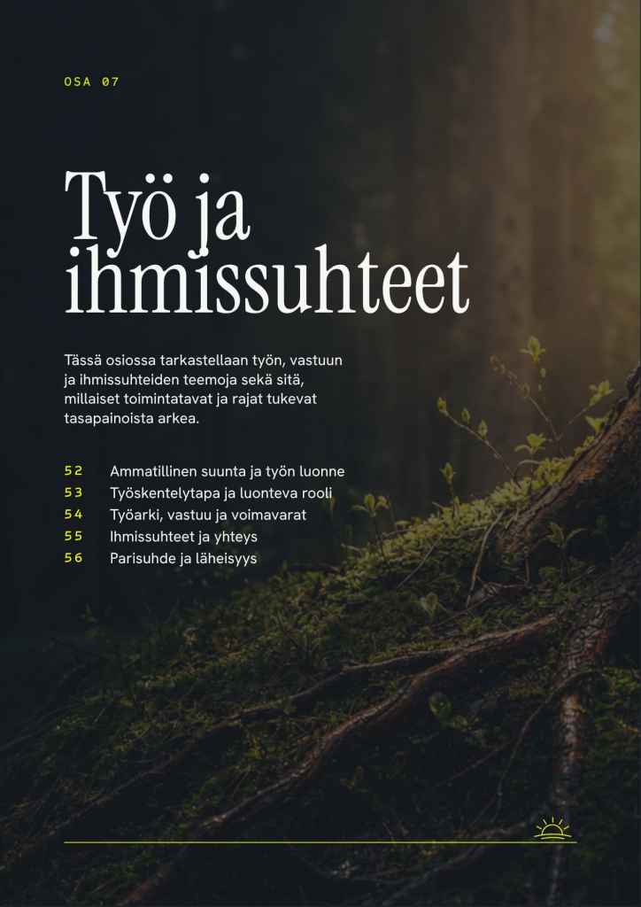 Vuodenajat sinussa -tulkinnan Työ ja ihmissuhteet -osion esimerkkisivu, jossa käsitellään ammatillista suuntaa, työskentelytapaa, voimavaroja, yhteyttä ja läheisyyttä.